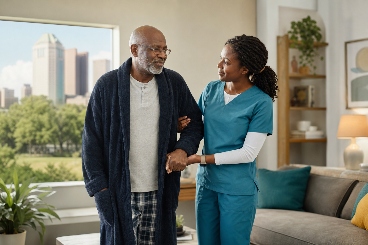 Caregiver assisting an older adult in a comfortable home