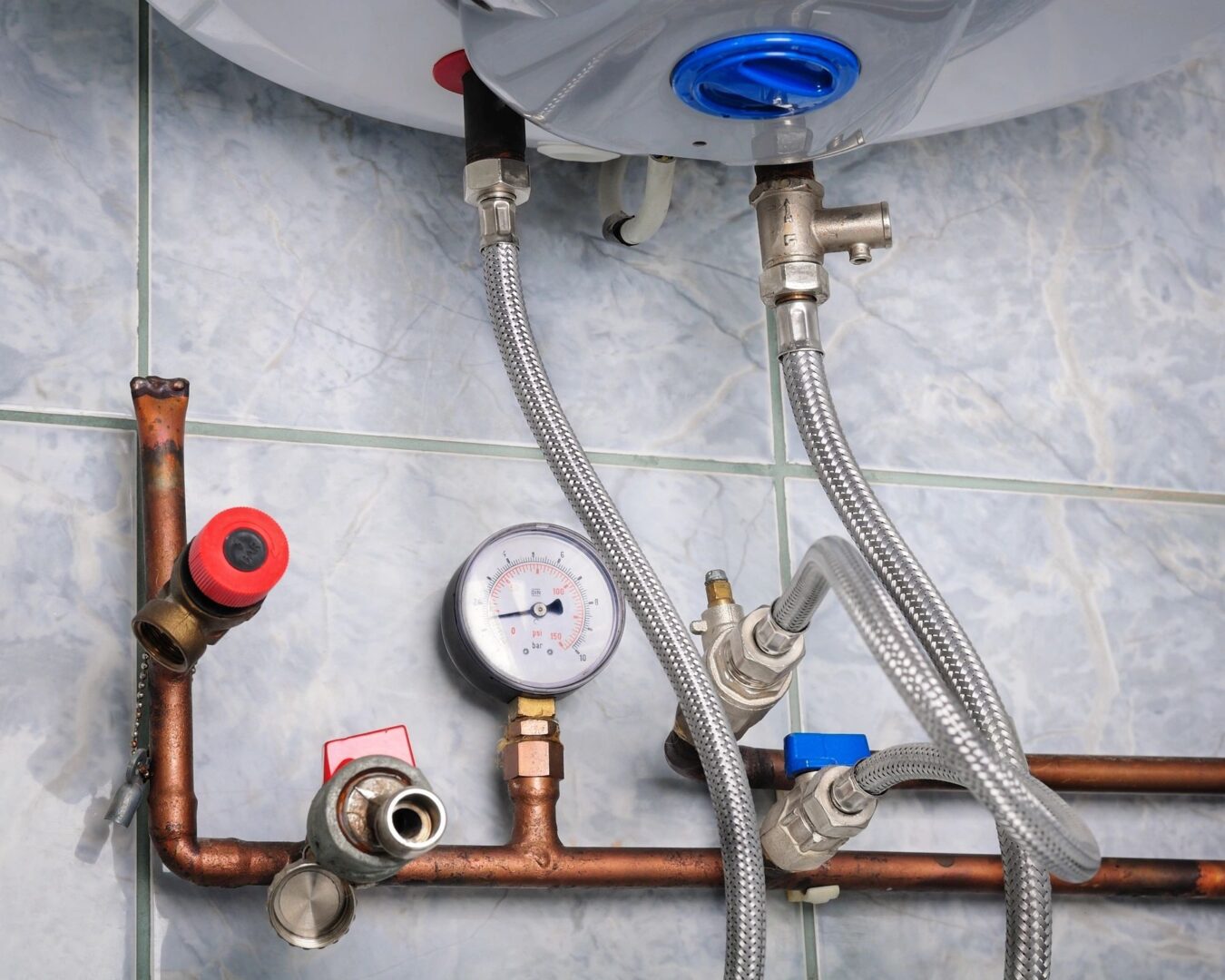 Residential water heater pipes and meters
